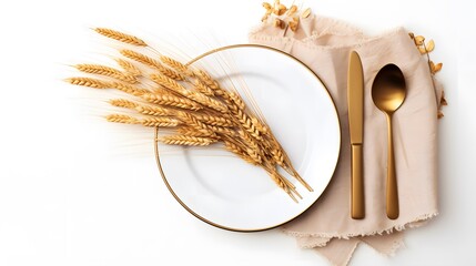 Stylish autumn table setting with ears of wheat on white background
