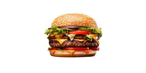 Wall Mural - Filled hamburger with meat onion lettuce tomato PNG image with no background Clipart