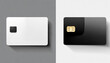 Two credit cards, one white and one black, with realistic chips, isolated on a neutral background with shadows.