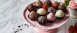 Step-by-step flat lay display of assorted chocolate-covered strawberries on a pink cake stand.