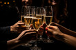 © Lazy_Bear - Group of friends toasting with champagne glasses at party. Hands clink with wine glasses. Celebrating holidays concept