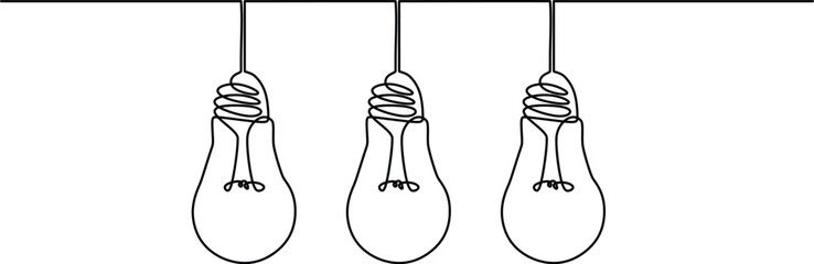 Wall Mural - Three Hanging extinct light bulbs with knot tangled cable and one glowing with straight cord. 