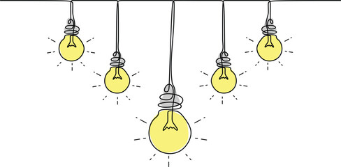 Five Hanging extinct yellow light bulbs with knot tangled cable and one glowing with straight cord. Concept of idea and choosing successful idea 