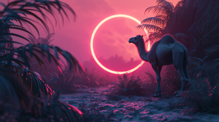 Wall Mural - camel in the desert with palm tress standing near glowing neon ring portal, Desert party concept