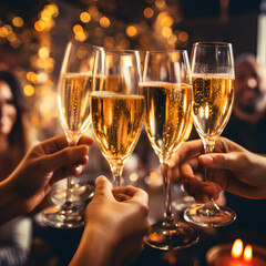 Celebration new years eve party. People holding glasses of champagne making a toast. Champagne with blurred background.