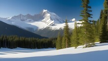 A Snow-covered Alpine Landscape With Snow-capped Peaks, Evergreen Trees, And A Sense Of Quietude.
