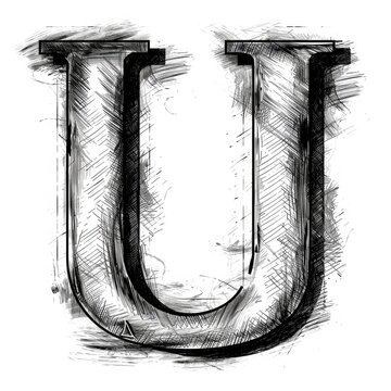 Grunge graphite sketch, alphabet, the letter U