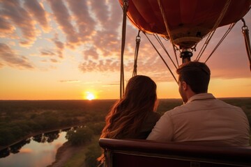 Photo of a couple on a scenic hot air balloon ride at sunset. Generative AI