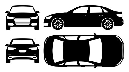 car silhouette on white background. vehicle icons set view from side, front, back, and top