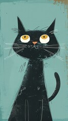 Wall Mural -  a painting of a black cat with yellow eyes and whiskers on it's face, sitting in front of a blue background.