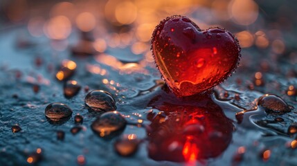 Sticker -  a red heart shaped object sitting on top of a puddle of water with drops of water on top of it.