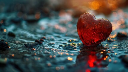 Sticker -  a heart shaped object sitting on top of a puddle of water with drops of water on the ground next to it.