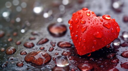 Sticker -  a red heart shaped object sitting on top of a pile of raindrops on top of a black surface.