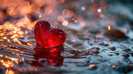 Wall Mural -  a red heart shaped object floating on top of a body of water with drops of water on top of it.