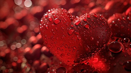 Poster -  a close up of a heart shaped object with water droplets on the surface and a red boke of lights in the background.