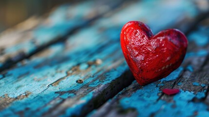 Poster -  a red heart shaped object sitting on top of a blue wooden bench with paint peeling off of it's sides.