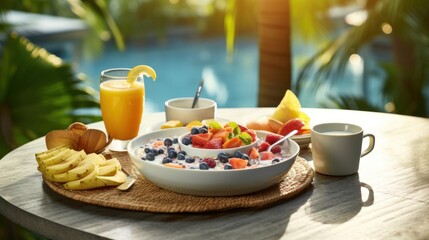 Poster -  a bowl of oatmeal sitting on top of a wooden table next to a cup of orange juice.