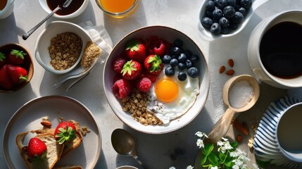 Poster -  a bowl of cereal, yogurt, strawberries, blueberries, and an egg on a plate.