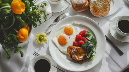 Poster -  a white plate topped with two fried eggs next to a cup of coffee and a plate of fruit and bread.