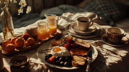 Poster -  a table topped with a plate of food next to a vase filled with oranges and a cup of coffee.