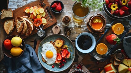 Canvas Print -  a table topped with plates of food next to a bowl of fruit and a bowl of fruit on top of a cutting board.