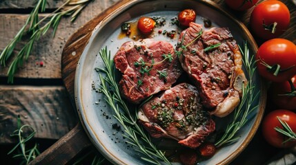 Canvas Print -  two pieces of steak on a plate with tomatoes and herbs on a wooden table next to a knife and fork.