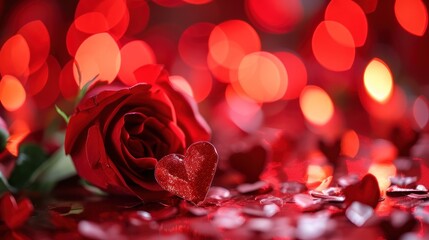 Wall Mural -  a red rose sitting on top of a table next to a bunch of heart shaped confetti next to a red rose.