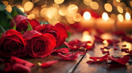 Canvas Print -  a bunch of red roses sitting on top of a wooden table next to a lit candle and a bunch of red rose petals.