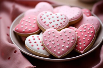Wall Mural -  a plate filled with heart shaped cookies on top of a pink and white table cloth on top of a pink table cloth.