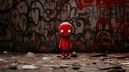 Wall Mural -  a little red toy standing in front of a wall with graffiti on it's walls and a hole in the floor.