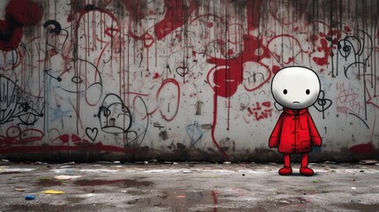 Wall Mural -  a drawing of a person standing in front of a wall with graffiti on it and a red coat over it.