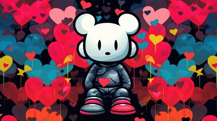 Wall Mural -  a white  bear sitting on top of a pile of red, pink, blue, and yellow heart shaped balloons. 