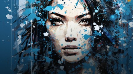 Sticker -  a painting of a woman's face with blue and white paint splatters all over her face and neck.