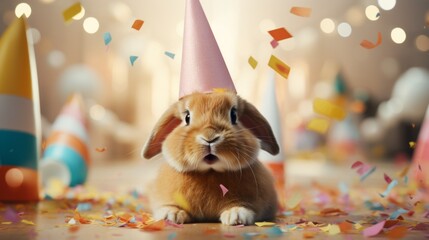 Wall Mural - Happy cute animal friendly rabbit wearing a party hat celebrating at a fancy newyear or birthday party festive celebration greeting with bokeh light and paper shoot confetti surround happy lifestyle