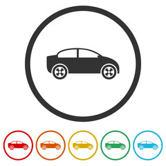 Poster -  Car in Side View Silhouette Icon. Set icons in color circle buttons