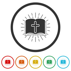 Poster -  Christian cross and book logo. Set icons in color circle buttons