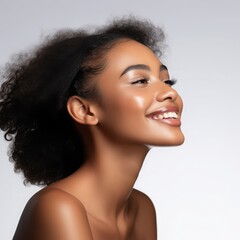 Wall Mural - side view beauty portrait of african american girl . beautiful black woman touch her face . facial t