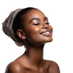 Wall Mural - side view beauty portrait of african american girl . beautiful black woman touch her face . facial t