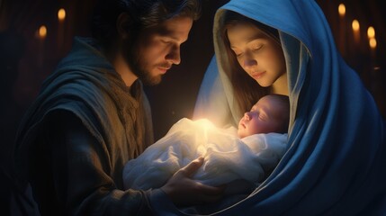 Wall Mural - The miraculous birth of a great Catholic saint, born in 437 AD. This child is in his mother's arms. His father is right next to him. The child is glowing. 8k, hyper-realistic, 