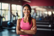 Young sports female athlete smile for blog inspiration and progress post. Fitness, exercise fitness gym portrait of woman in pink t-shirt happy about workout, training motivation, body wellness