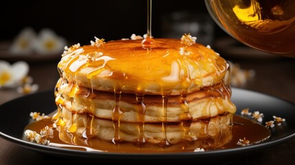 Wall Mural - A chef's hand drizzling honey over a stack of fluffy pancakes.