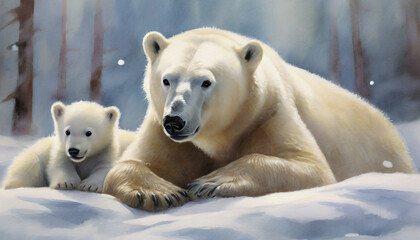 Poster - Polar bear and cub,oil painting