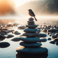 Bird Sitting On Pyramid Or Tower Of Stones On The River Bank, Zen, Harmony. Ai Generative