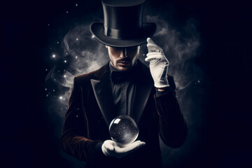 Wall Mural - Magician man on black background. ai generative