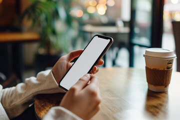 Mockup, woman's hand holding using mobile phone at coffee shop with copy space, white blank screen for text, mobile app design and advertising, online marketing