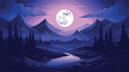 Wall Mural - moonlit fantasy landscape in a vector scene featuring dreamlike elements under the moon's glow. fant