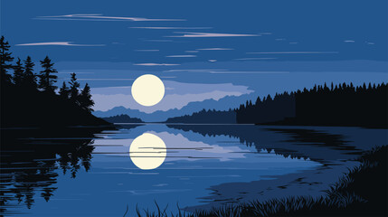 Wall Mural - moon's reflection on calm waters in a vector scene featuring a tranquil night by the water's edge.