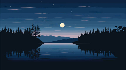 Wall Mural - moon's reflection on calm waters in a vector scene featuring a tranquil night by the water's edge.