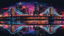 Nighttime Charm Of Illuminated Bridges In A Vector Art Piece Showcasing Bridges Adorned With Vibrant Lights.