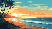 Sun's Warm Embrace On A Serene Beach In A Vector Scene Featuring A Sunlit Shore. Sunlight On Sand And Waves